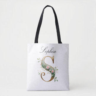 Custom Gold Floral Letter S All-Over Print Tote