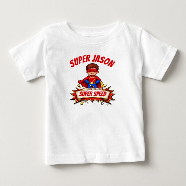 Custom Kids Superhero Name & Superpower T-Shirt (Frente)