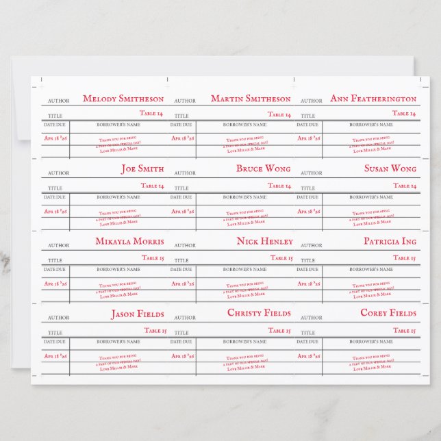 Custom Library Checkout Card Table Number Cards (Frente)