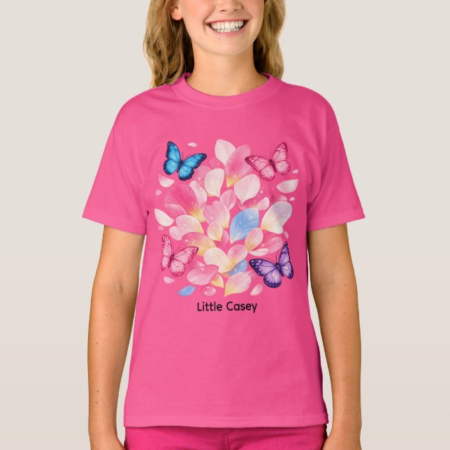 Custom Name Butterfly & Flower Kids T-Shirt (Frente)