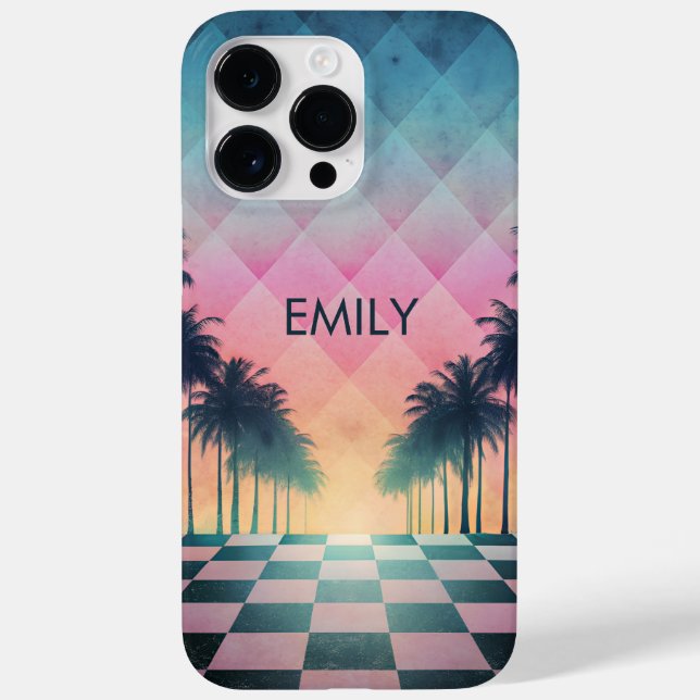 Custom Name Retro Synthwave Sunset Palm Trees (Verso)