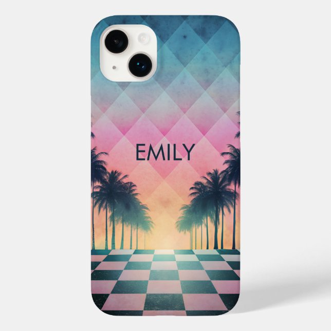 Custom Name Retro Synthwave Sunset Palm Trees (Verso)
