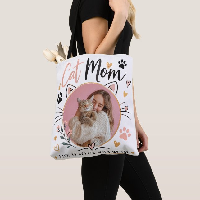 Custom Photo Cat Mom Tote Bag (Close Up)