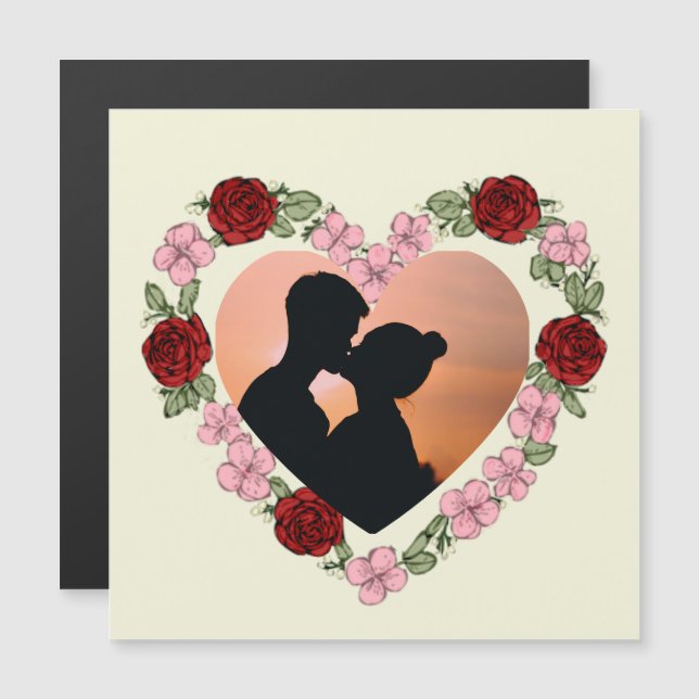 Custom Photo Rose Heart Magnetic Card - Square (Frente/Verso)