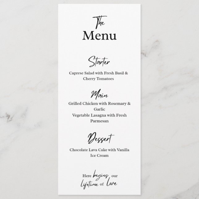Custom White Menu Card . Wedding, Party, or Dinner (Frente)