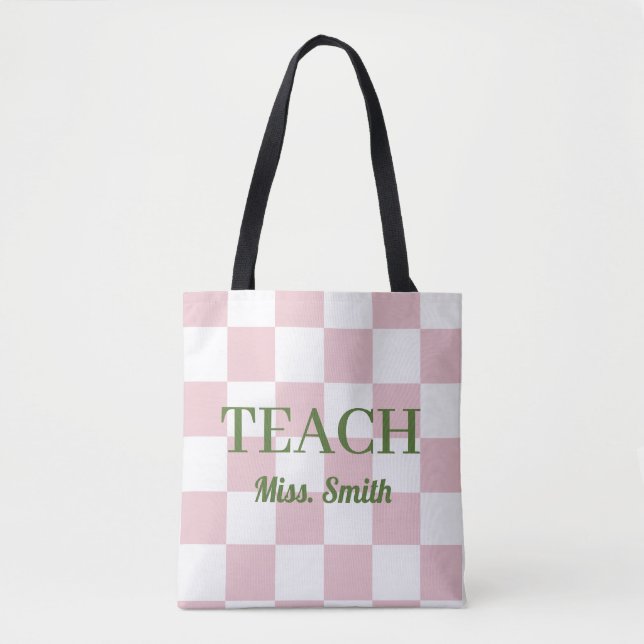 Customizable Name Teach Tote Cute Pink Checkered (Frente)