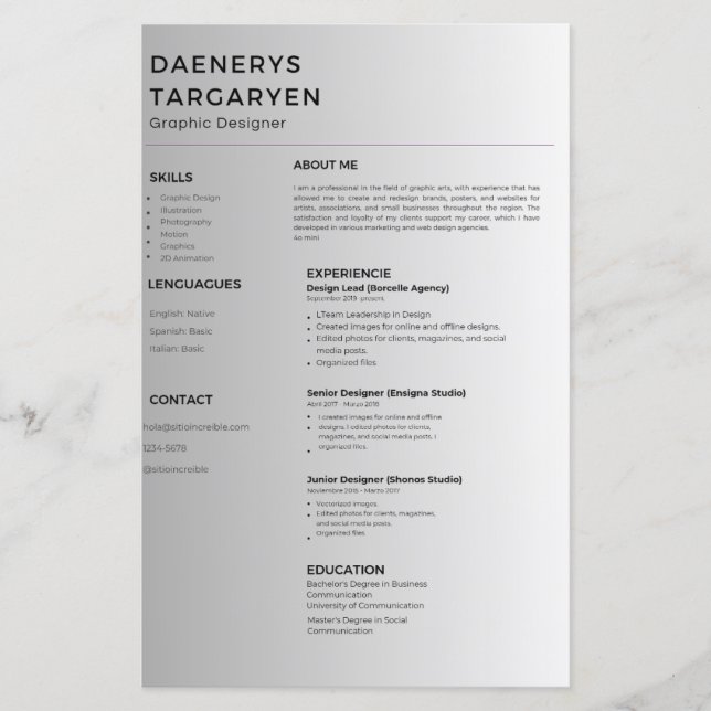 customizable resume sheet curriculum vitae (Frente)