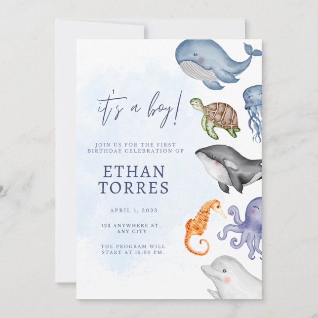 Cuta sob o convite para Chás de fraldas marítimos (Frente)