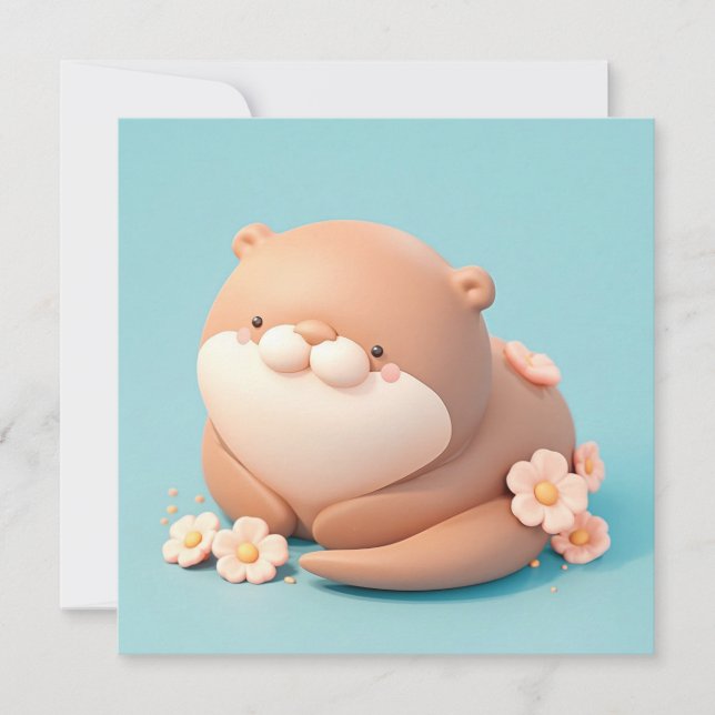 Cute 3D Clay Otter with Pink Flowers Postcard (Frente)