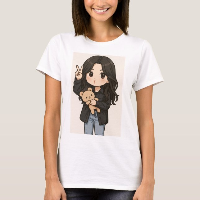 Cute Anime Girl with teddy bear peace sign T-Shirt (Frente)