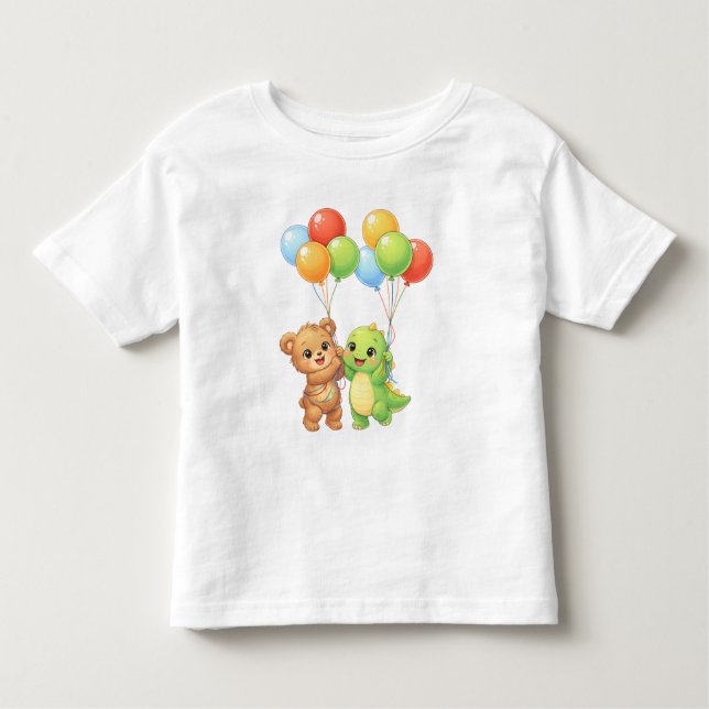 Cute Bear & Dino Balloon Toddler Birthday T-Shirt (Frente)