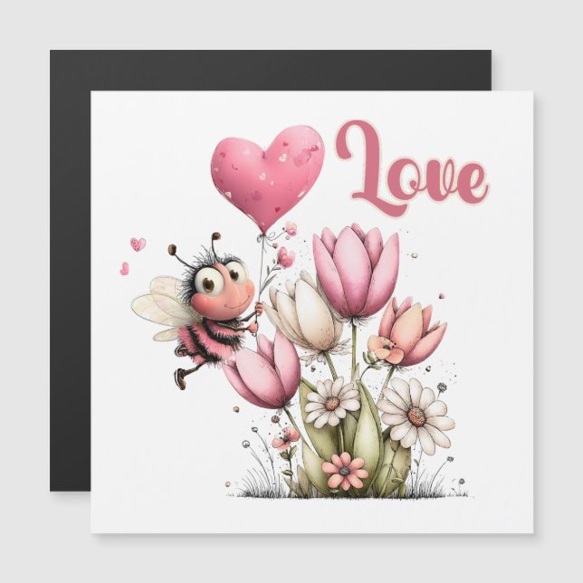 Cute Bee Love Heart Balloon Spring Flowers Magnet (Frente/Verso)
