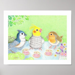 Cute Birds Tea Party Nursery Arte Impressão Poster