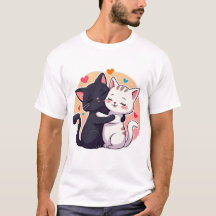 Cute Black and White Cat Hug Love Hearts T-Shirt