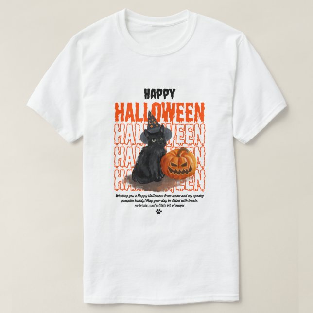 Cute Black Cat Halloween T-Shirt – Spooky Pumpkin  (Frente do Design)