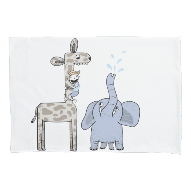 Cute Blue Giraffe and Elephant Pillowcase (Frente)