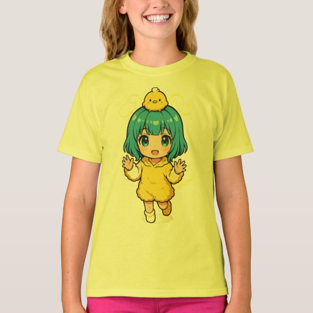 Cute Blue-Haired Chibi Girl in Chick T-Shirt (Frente)