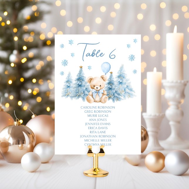 Cute Blue Winter Teddy Bear Baby Boy Table Number (Criador carregado)