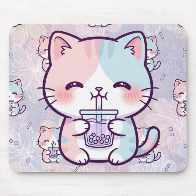 Cute Boba Tea Kitten Mousepad - Aesthetic Pastel F (Frente)