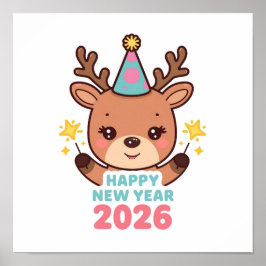 cute bright reindeer new year poster 2026