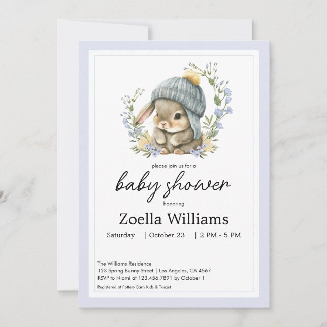 Cute Bunny Floral Spring Baby Shower Invitation (Frente)