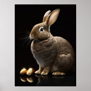 Cute Bunny with Golden Easter Eggs Wall Art Poster