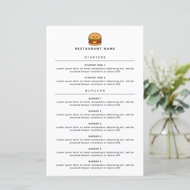 Cute Burger Restaurant Menu (Em pé/Frente)