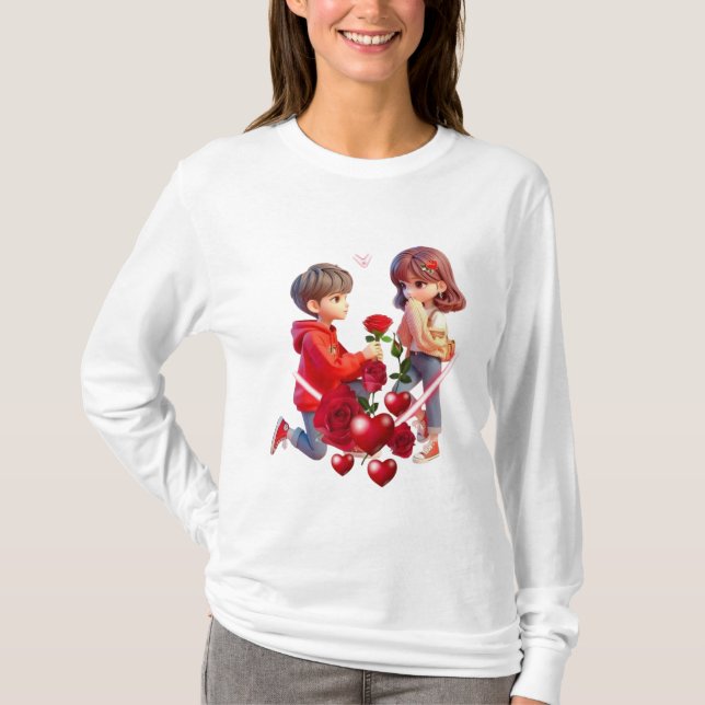 Cute Cartoon Couple Romantic T-Shirt Design (Frente)