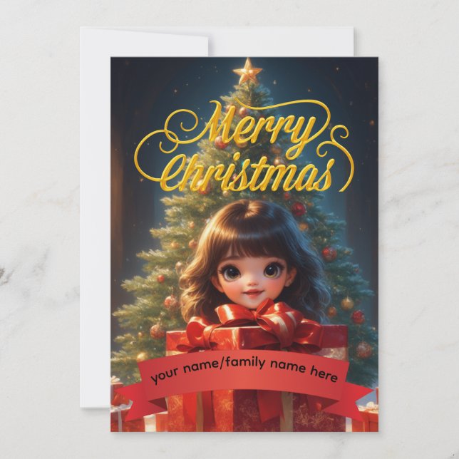 Cute Cartoon Girl Custom Red Ribbon Christmas Card (Frente)