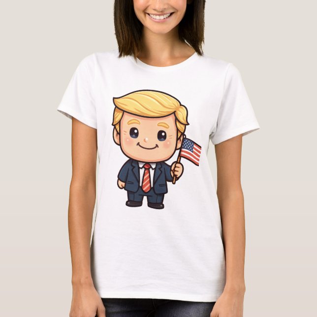 Cute Cartoon Trump T-Shirt | Patriotic American Fl (Frente)
