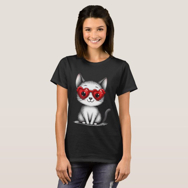 Cute Cat Heart Glasses Graphic T-Shirt (Frente Completa)