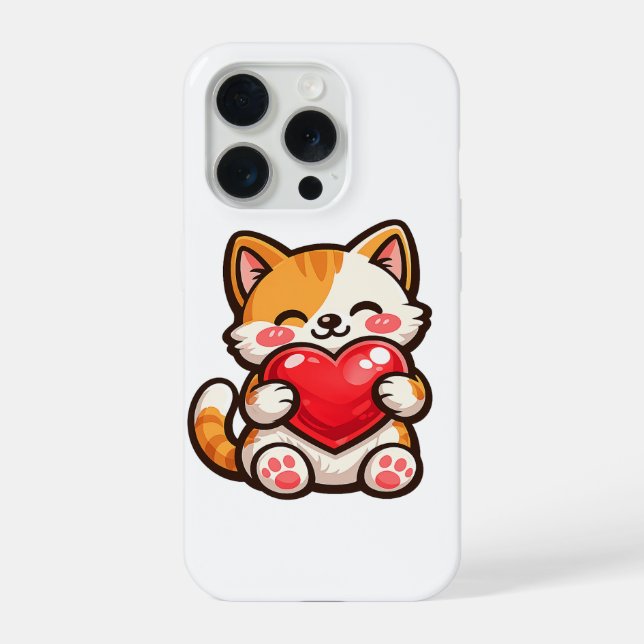 Cute Cat Heart – Kawaii Cat Hugging Red Heart, Cut (Verso)