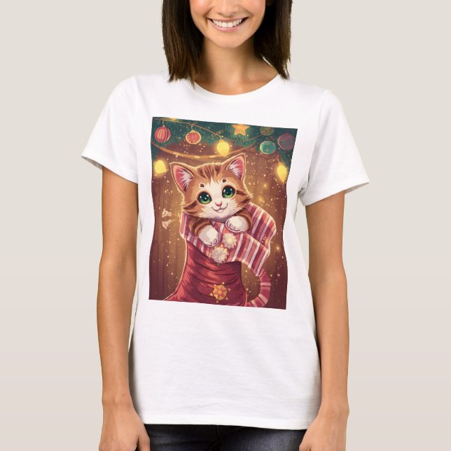 Cute Cat in Stocking Christmas Holiday T-Shirt (Frente)