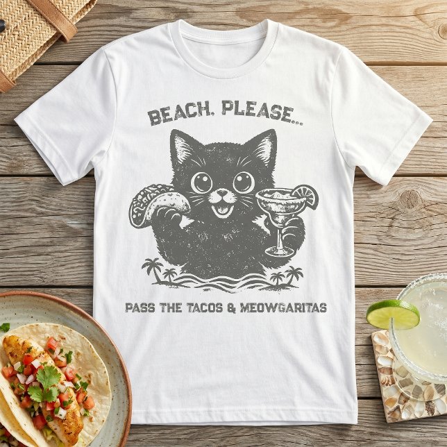 Cute Cat & Taco Beach Please Margarita T-Shirt (Criador carregado)
