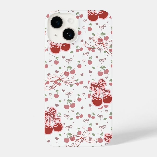 Cute Cherry iPhone 14 Case with Hearts & Bows (Verso)