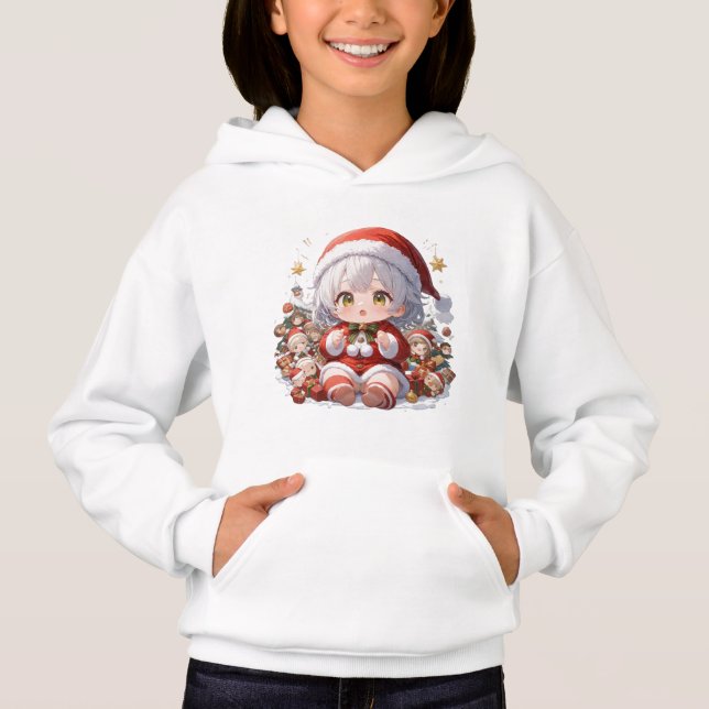 Cute Chibi Santa Girls' Christmas Pullover Hoodie (Frente)