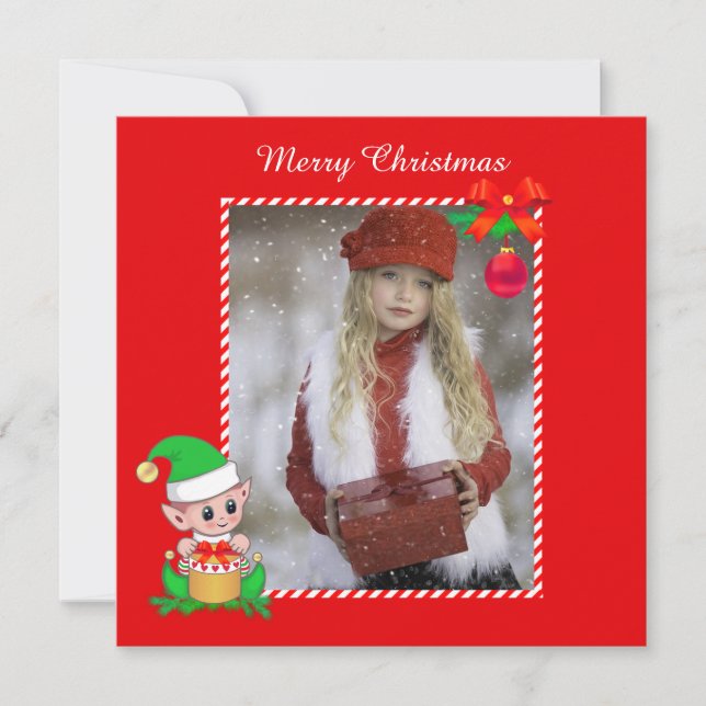 Cute Christmas Elf & Foto Personalizada no Vermelh (Frente)