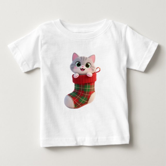 Cute Christmas Kitten in Stocking Baby T-Shirt (Frente)