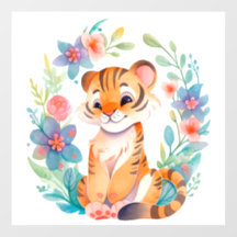 cute comic painted tiger in watercolor style