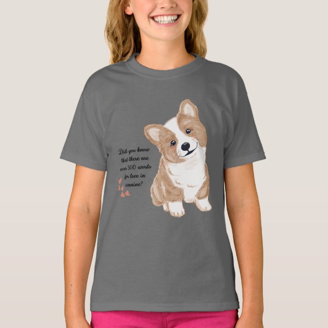 Cute Corgi Puppy Love Kids Graphic Gray T-Shirt (Frente)