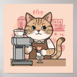 Cute Cozy Cartoon Barista Cat Poster
