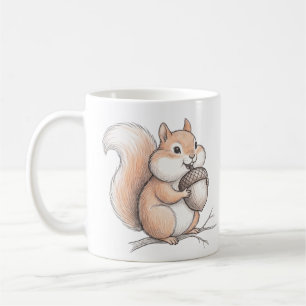 Cute Crayon Esquilo com Caneca de Café Desenhada à