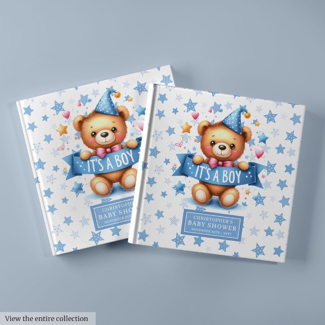 Cute É um chá de fraldas de livro de hóspedes de u (Cute It’s a boy teddy bear guest book baby shower)