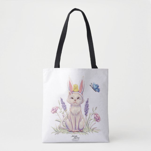 Cute Easter Cat with Chick Illustration Tote Bag (Frente)