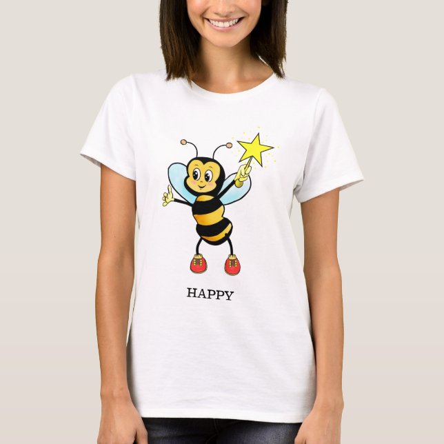Cute Feliz Abelha com Estrela na Camiseta Azul Céu (Frente)