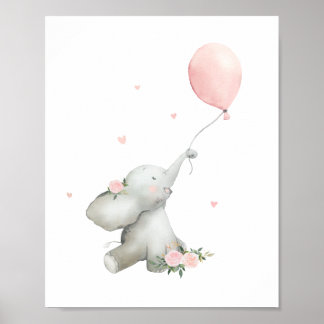 Cute Floral Watercolor Elephant  Nursery Poster
