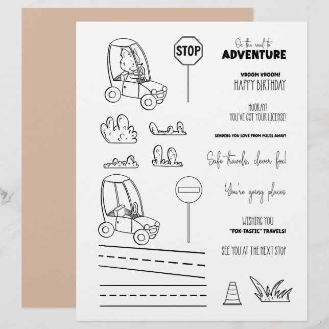 Cute Fox Car Coloring Scrapbook Paper (Frente/Verso)