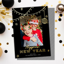 Cute Fun Doodles Happy New Year Photo Black + Gold