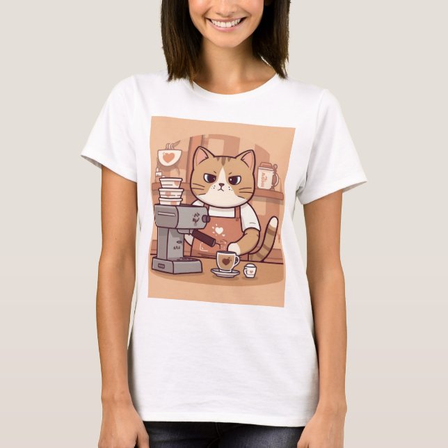 Cute Funny Barista Cat with Coffee T-shirt (Frente)
