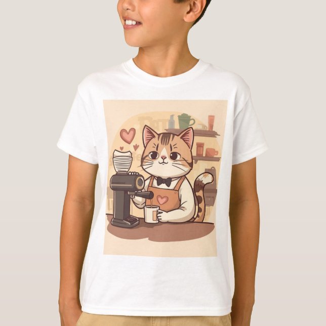 Cute Funny Cartoon Barista Cat Kid's T-shirt (Frente)